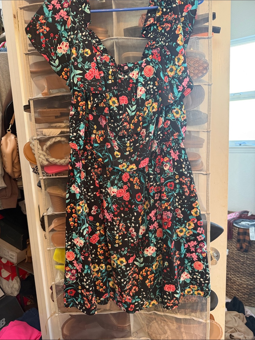 Floral Ruffle Sleeve Sundress - Black Multi